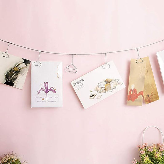 TFu Multi-Purpose Steel Wall Hanging Photo Display Cable Wire Rod String with 12 Clips for Hanging Photos Notes and Artworks (Heart Shape Clip)