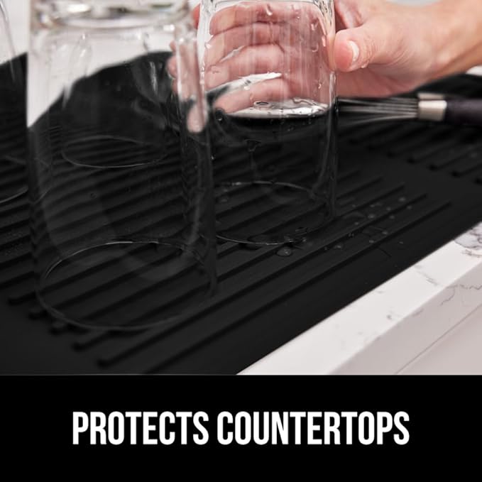 GORILLA GRIP 100% BPA-Free Patented Silicone Dish Drying Mat for Kitchen Counter, 18x16 Inch, Water Catching Ribbed Design, Easy Clean Waterproof Sink Liner, Heat Resistant, Fits Under Rack, Black