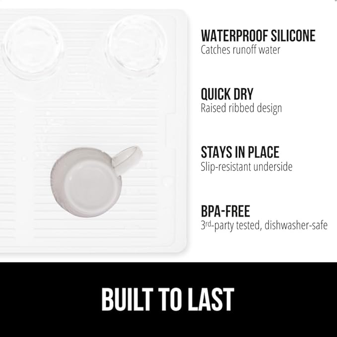GORILLA GRIP 100% BPA-Free Patented Silicone Dish Drying Mat for Kitchen Counter, Water Catching Ribbed Design, Easy Clean Waterproof Sink Liner, Heat Resistant, Fits Under Rack, 12x16 Inch, White