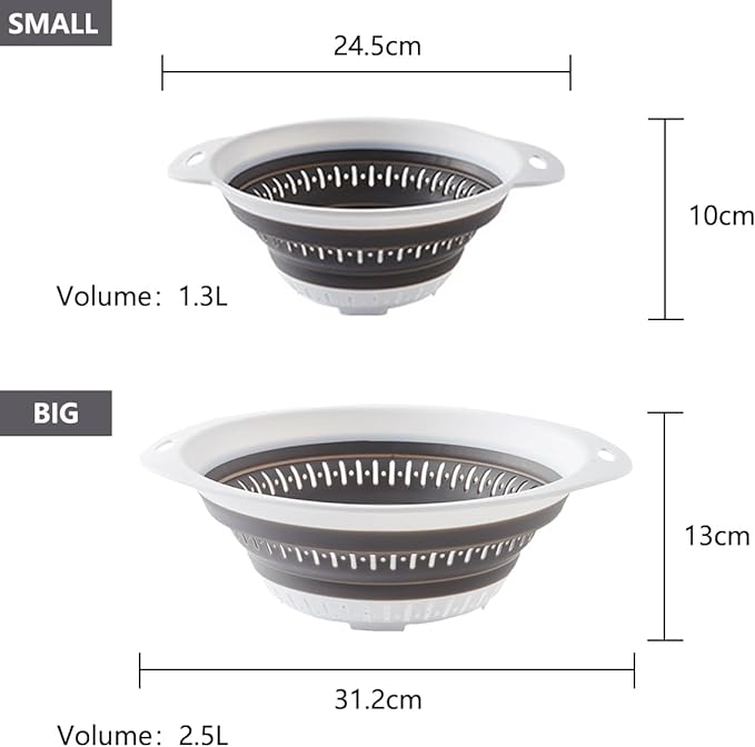 Collapsible Colander and Strainer,Silicone Strainer Colanders & Food Strainers,for Vegetable and Fruit, Kitchen Essentials (2, White, 1.3L+2.5L)