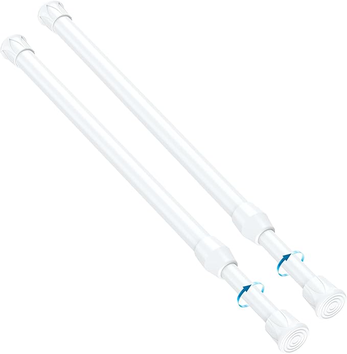 2PCS Small Tension Curtain Rod 16 to 28 Inch, White Short Curtain Rods No Drilling, Loaded Expandable Spring Curtain Rods for Kitchen, Closet, Cupboard, Door, Bookshelf