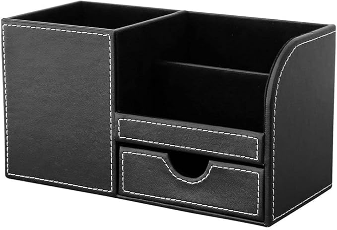KINGFOM Desk Organizer Office Supplies Caddy Pu Leather Multi-function Storage Box Pen/Pencil,Cell phone, Business Name Cards Remote Control Holder with Small Drawer Black