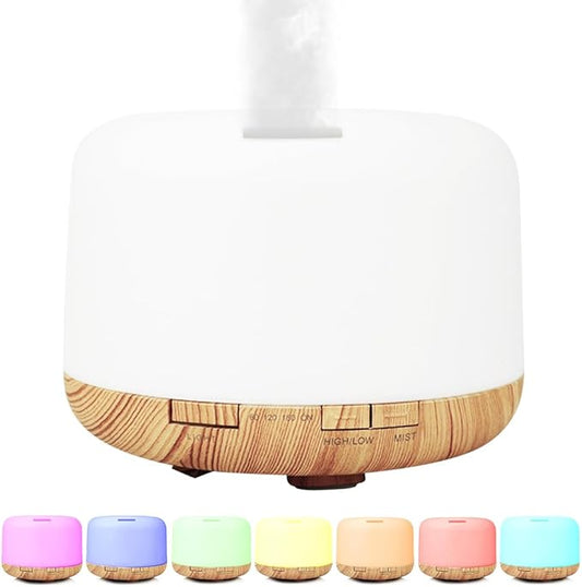 500ml Premium Essential Oil Diffuser,Quiet 4-in-1 Ultrasonic Aromatherapy Humidifier,7 Color LED Lights,with Adjustable Automatic Timer Off Function and Spray Mode. (Light Woodgrain, Basic Edition)