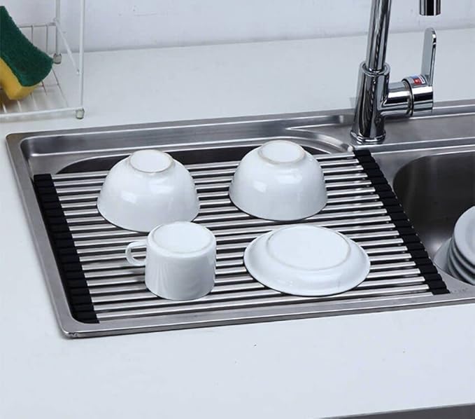 Ahyuan Roll up Dish Drying Rack Over The Sink Dish Drying Rack Square Tubes Dish Rack Over Sink Dish Racks for Kitchen Counter RV Camper Accessories for Travel Trailers (Black, 17.8''Wx13.4''L)