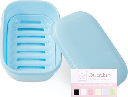 Quatish Leakproof Soap Dish with Lid & Draining Layer, Shatterproof Travel Bar Soap Holder Case Container, Portable Travel Size Toiletries Essentials for Camping, Gym, Bathroom, Blue