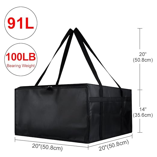 Insulated Pizza Delivery Bag for Carry Hot, 20" x 20" x 14" Insulated Food Delivery Bag, Grocery Cooler Bags for Catering/Drivers, Commercial Food Warmers（Black, 1Pk）