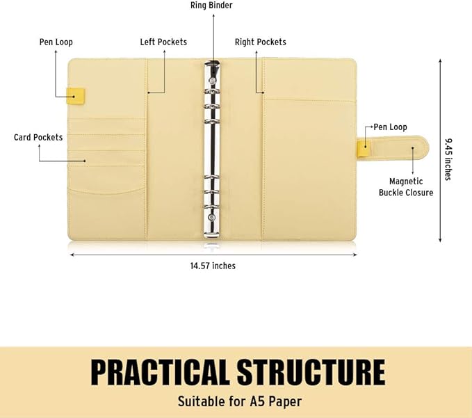 Sooez A5 Notebook Photocard Binder, 6-Ring Planner, Stylish Loose-Leaf Personal Organizer Cover with Magnetic Buckle, PU Leather Binder for Women with Soft Colors (Yellow)