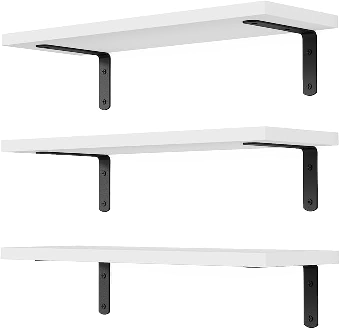 DOLLFIO Floating Shelves, 3 Sets Wall Wooden Shelves for Décor, Mounted Bathroom Shelf Storage, Book Wall, Bedroom, Living Room – White, HM02