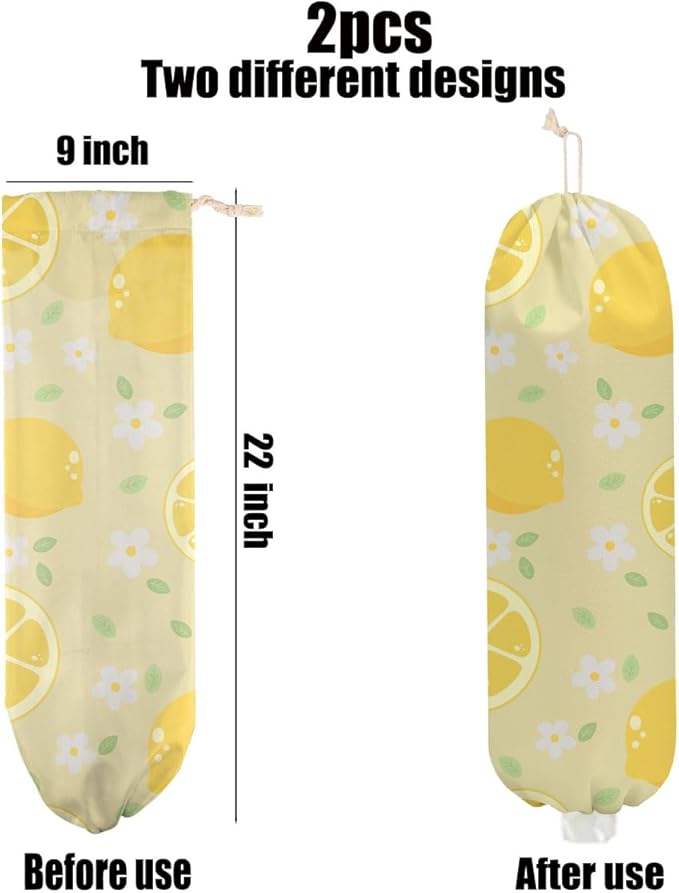 2 Pcs Lemon Plastic Bag Holder, Wall Mount Grocery Bag Holder for Plastic Bags, Flowers Reusable Large Grocery Bags Storage Dispenser for Home Kitchen Pantry Decor, Lemon Gifts for Women Mom