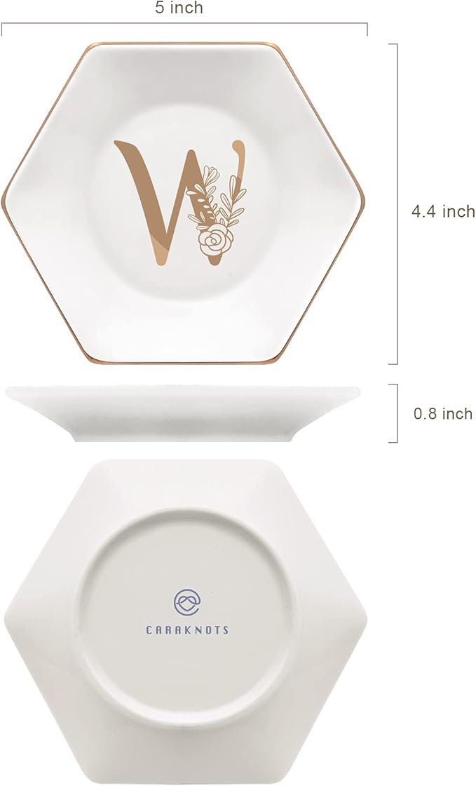 CARAKNOTS Ceramic Jewelry Tray Decorative Ring Dish for Her Birthday Engagement Christmas Gifts for Women Monogrammed Jewelry Dish for Rings Earrings Necklace Personalized Trinket Plate White Letter W