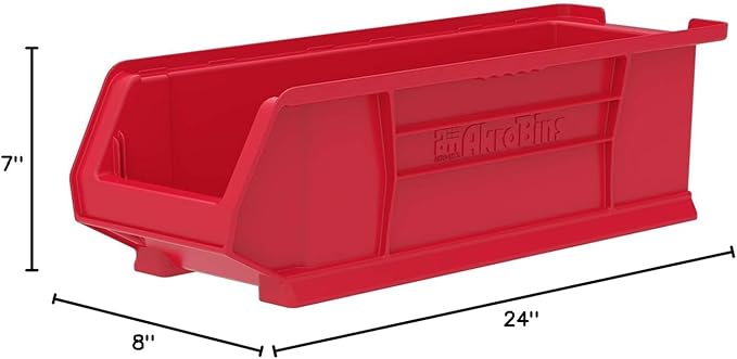 Akro-Mils 30284 Super-Size AkroBins Plastic Storage Bins, Space-Saving Stackable Bins for Garage, Classroom, Warehouse Organization, 24-Inch L x 8-Inch W x 7-Inch H, Red, 4-Pack