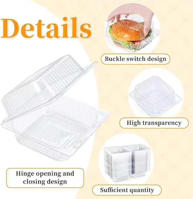 Evnlo 50 Count Clear Plastic Containers with Lids for Food, Thickened Disposable Sandwich Containers Clamshell Boxes for Cake Slice, Dessert, Hamburger, Salad