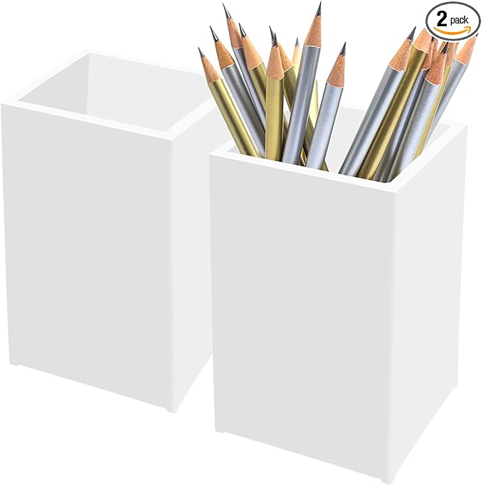 White Acrylic Pencil Pen Holder Cup 2 Pack,Desk Accessories Holder,Makeup Brush Storage Organizer,Modern Design Desktop Stationery Organizer for Office School Home Supplies,2.6x 2.6x 4 inches