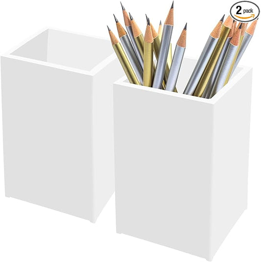 White Acrylic Pencil Pen Holder Cup 2 Pack,Desk Accessories Holder,Makeup Brush Storage Organizer,Modern Design Desktop Stationery Organizer for Office School Home Supplies,2.6x 2.6x 4 inches