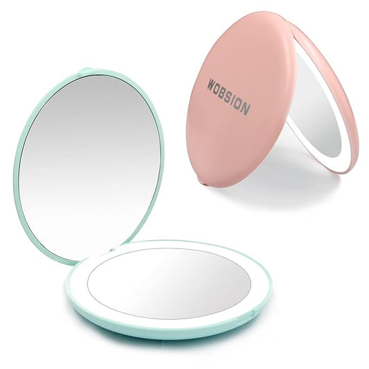 WOBSION Travel Compact Mirror,Portable 1x/10x LED Makeup Mirror with Magnification,Handheld 2-Sided Pocket Mirror, 3.5in Small Mirror for Purse,Handbag,Gift,Cyan&Pink,2 Pack