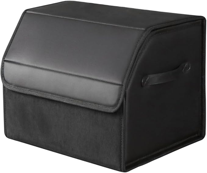 SUV car organizers and storage, sedan trunk organizer, foldable sleek leather box with lid, collapsible cargo bins, tool accessories containers, collapsible suede velvet (13 inch covered)