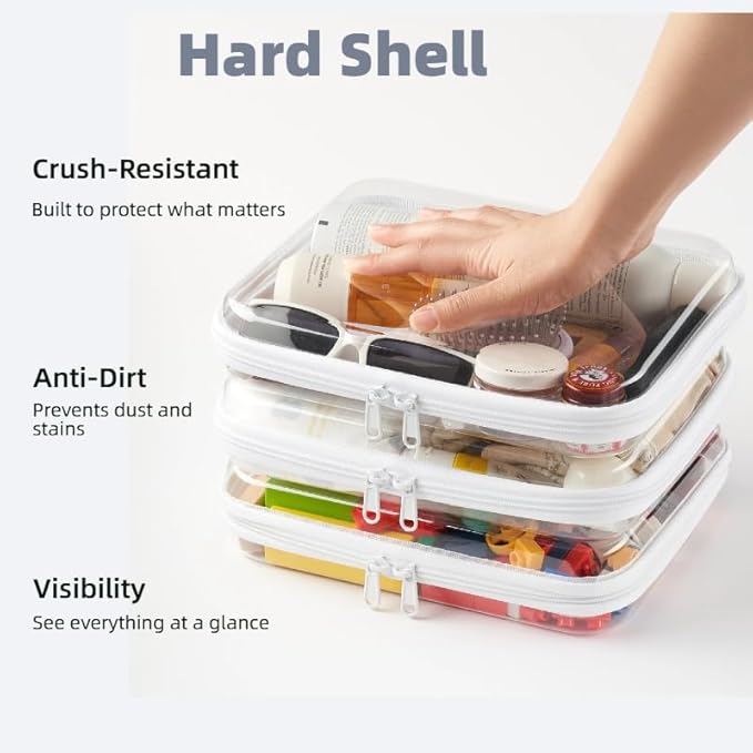 3-Pack Medium Clear Hard Shell Zipper Pouches, Clear Zipper Bags, Hard Case Pouches for Purse & Diaper Bag Organizer, and Travel Essentials (3M)