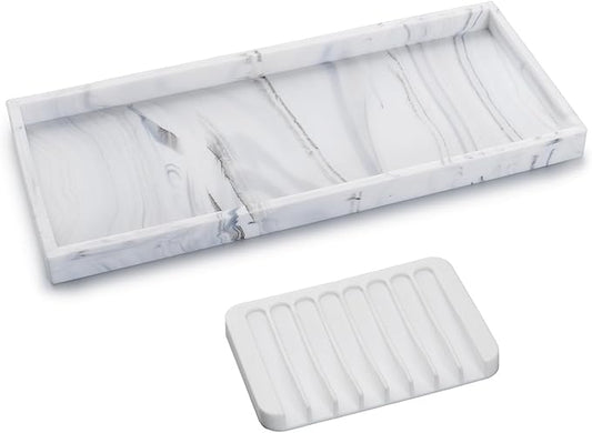 Bloss Counter Marble Tray and Soap Holder - 15.7" Silicone Bathroom Vanity Trays for Kitchen Counter, Toilet Tank Tray, Great Storage Trays for Perfume, Jewelry, Candle, Key