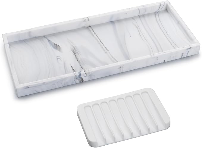 Bloss Small Bathroom Vanity Tray with Soap Dish, 8 x 4 inch Silicone Marble Tray for Kitchen Counter, Toilet Tank Storage, Perfume Trays for Dresser, Jewelry, Candle, Key