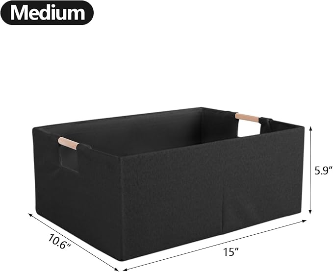 Fabric Storage Bin Box Foldable Cotton Linen Storage Basket with Wooden Handles Rectangular Cube Decorative Home Laundry Organizer Clothes Blanket Container – Black, Medium