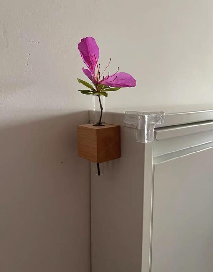 Mini Vase Magnets for Fridge,2PCS 3D Magnetic Wooden Wall Vase Holders with Test Tube, Magnetic Attachment Hard no Falling, Modern Home，for Kitchen, Refrigerator, Bedroom, Storage, Office Decorations