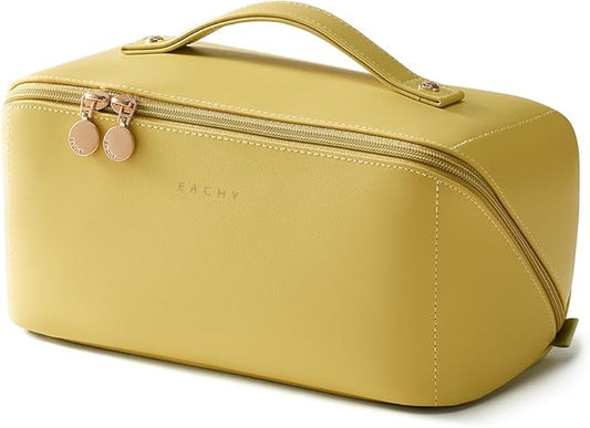 EACHY Travel Makeup Bag, Large Capacity Cosmetic Bag for Women, Waterproof PU Leather, Flat Open Portable Toiletry Bag for Skincare, Brushes & Travel Essentials