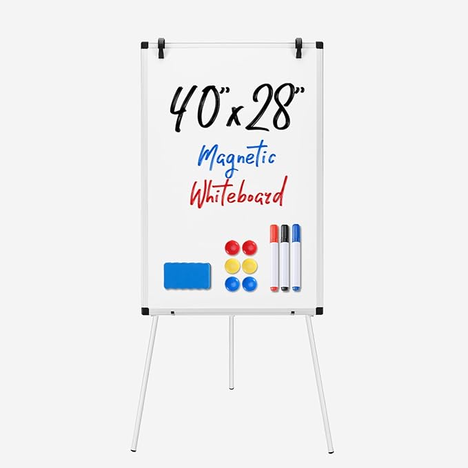 DUMOS White Board Easel 40 x 28 Inches, Magnetic White Board Dry Erase, Porbable Boards Height Adjustable, Dry Erase Board with Stand for School, Office and Home, Silver Aluminium Frame, White