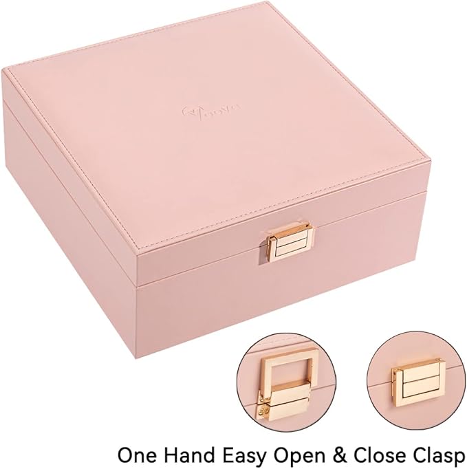Voova Jewelry Box Organizer for Women Teen Girls, 2 Layer 5 Slot Watch Storage Case with Removable Tray, PU Leather Large Jewellery Holder Display for Watches Sunglasses Rings Earrings Necklace, Pink