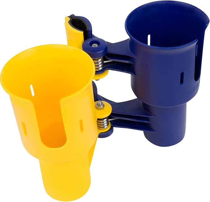ROBOCUP, (Yellow & Navy), Patented Clamp On Boat Cup Holder |Multifunction Dual Drink Caddy for Fishing Poles, Tools, Net, Gaff |Portable Storage for Boating, Beach, Umbrellas, Golf Carts, Strollers