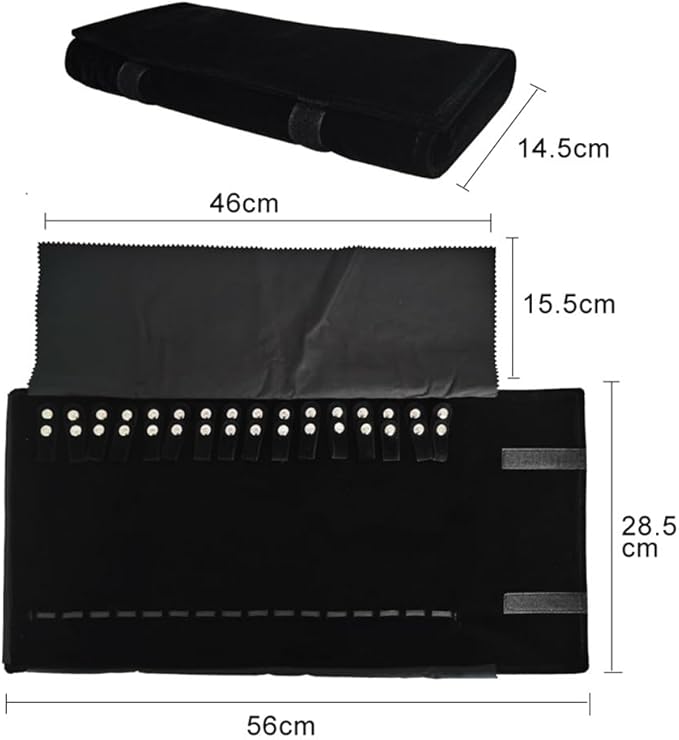 Velet Travel Jewelry Case Roll Bag Organizer for Necklace Bracelet Black Gray Velvet (Black with elastic)