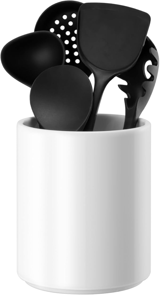 Utensil Holder Kitchen Utensil Holder for Countertop, Ceramic Cooking Utensil Holder for Kitchen Counter, Large Modern Spatula Holder Utensil Organizer Kitchen Decor, 6.5”H x 5.5”D White