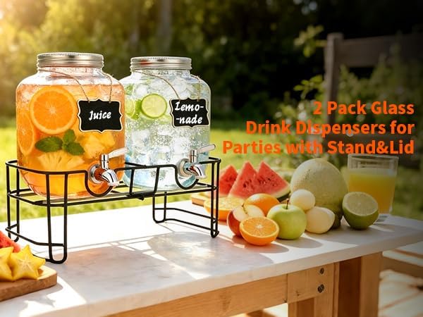 1 Gallon Glass Beverage Dispenser, 2 Pack Glass Drink Dispensers for ies with Stand, Lid&Stainless Steel Spigot, Lemonade Dispenser With Ice Cylinder for Weddings, Sun Tea Jar, Juice Dispensers