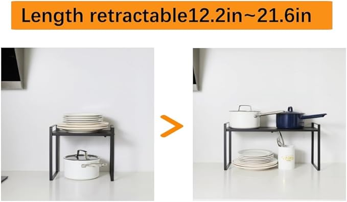 LJHFUQHUHU 2 Pack Expandable Cabinet Shelf Organizer Riser for Kitchen Pantry Cupboard Under Sink Countertop (2 Pack 8.2’’D * 12.2-21.6’’W * 10.4’’H) (Black)