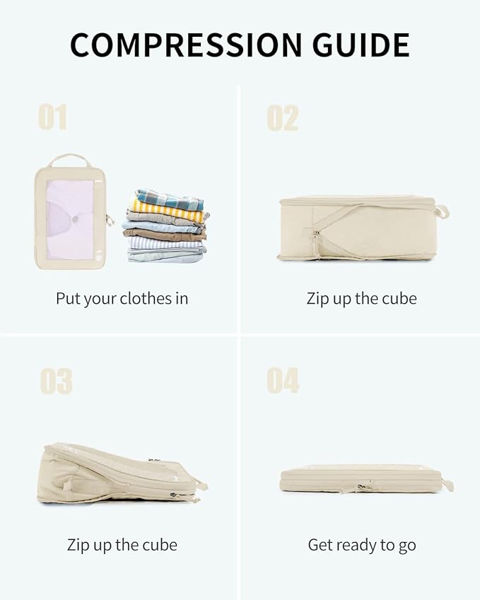 ECOHUB 5 Set Compression Packing Cubes for Suitcases Organiser Bags Set Travel Essentials with Shoe Bag for Traveling Tear-resistant Travel Accessories with ID Tag Expandable Packing Bags (Beige)