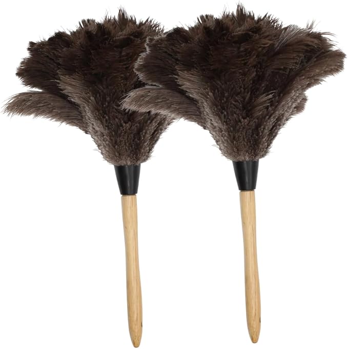 Ostrich Feather Duster with Wooden Handle 14" – Natural Reusable Feather Duster for Cleaning, Furniture & Shelves, Blinds, Ceiling Fan, Dusting Tool for Home, Office, Delicate Surfaces - 1 Pack