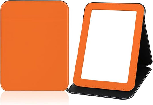 Portable Mirror, Folding Travel Makeup Mirror Adjustable Stand for Desk Compact Personal Hand Mirror for Makeup, Shaving, Home, Camping, Office & On-The-Go (Orange)