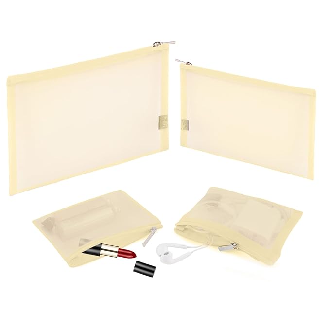 EASYFUN Mesh Pouch, Makeup Bag with Zipper Cosmetic Organizer Pouch for Daily or Travel to Keep Small Items, 4 PCS Champagne