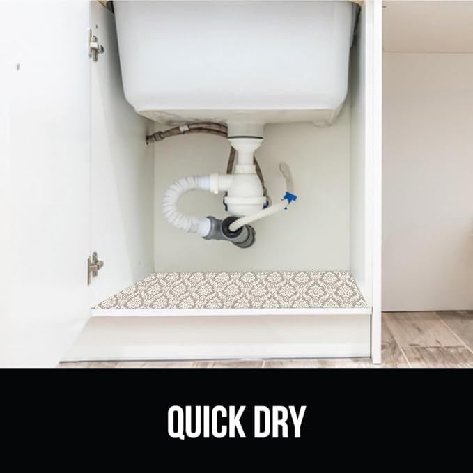 GORILLA GRIP LeakGuard Non-Adhesive Under Sink Mat for Kitchen Cabinet, Waterproof Quick Dry Shelf Liner, Durable Absorbent Felt Mats for Bathroom Sinks, Cabinets, Dresser, 24x30 Damask Taupe Cream