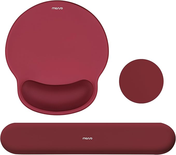 MOSISO Wrist Rest Support for Mouse Pad&Keyboard Set, Circle Curved Ergonomic Mousepad&Coaster Non-Slip Base Home/Office Pain Relief&Easy Typing Pad with Soft Cloth&Silicone Lining, Wine Red