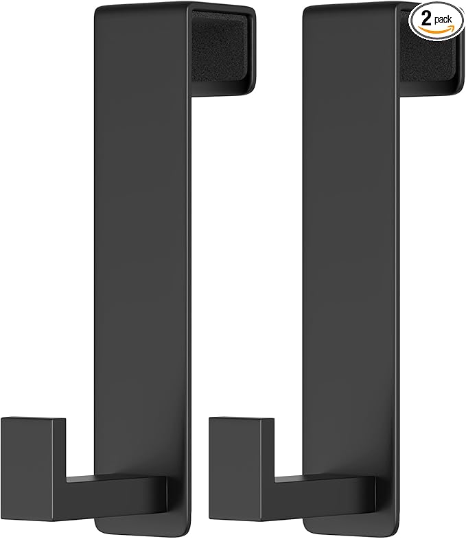 HUFEEOH Over The Door Hooks 2-Pack, Heavy Stainless Steel Coat & Towel Rack, No Drilling Scratch-Free Over Door Hanger Dorm Essentials Bathroom Accessories, Fits 1-3/4" Doors (Black) (L Shape)