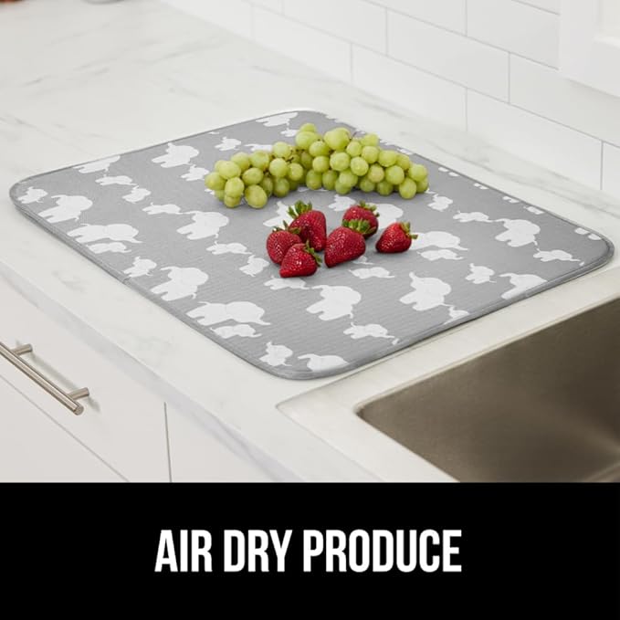 GORILLA GRIP Ultra Water Absorbent Microfiber Dish Drying Mat, 18x24, Quick Dry Thick Mesh, Slip Resistant Pad for Sink Dishes or Under Rack, Kitchen Counter Accessories, Machine Wash Mats, Elephants