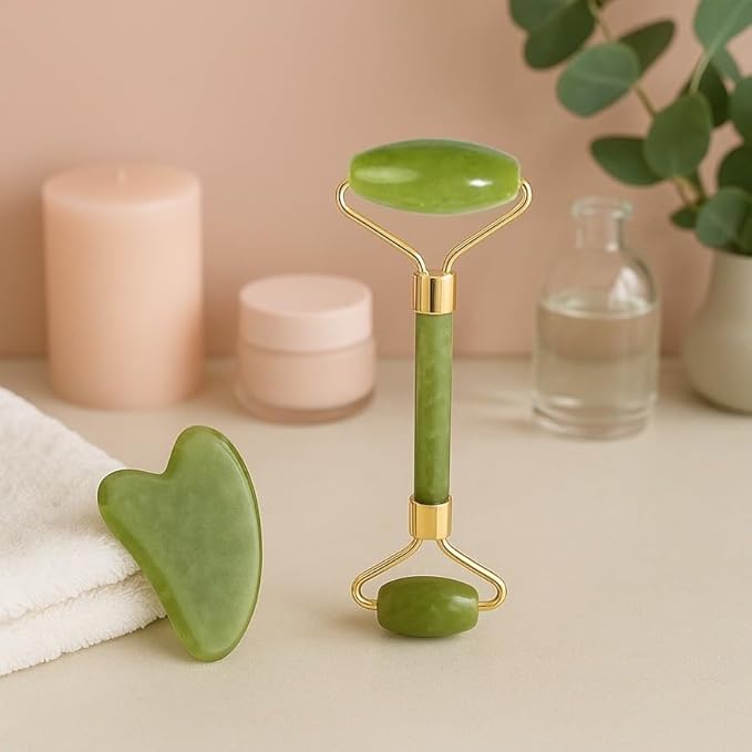 Gua Sha Facial Tool and Jade Roller Set –Anti-Aging Tools for Lymphatic Drainage, Puffiness, Wrinkles, and Relaxation – Skincare Tool for Face and Neck (Light Green)