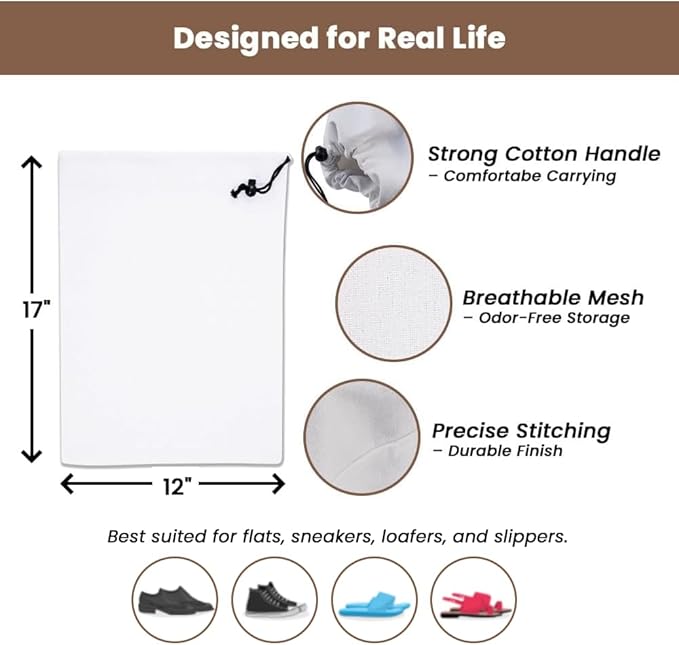 LFH Cotton Rich Shoe Storage Bags with Drawstring, Dustproof Breathable Reusable Organizer, Perfect For Travel, Dorm, Hotel, College, Gym, Easy to Carry, Machine Washable 12"x17" (Pack of 6) - White