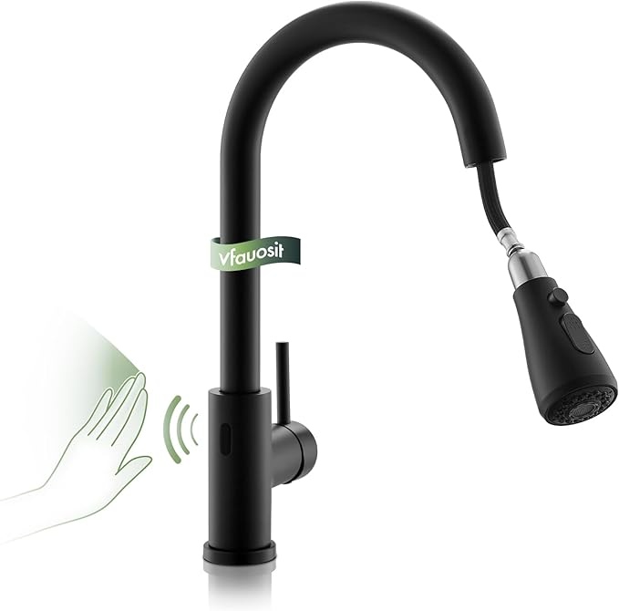 Touchless Kitchen Sink Faucet, VFAUOSIT Black Kitchen Faucet with Pull Down Sprayer Stainless Steel Motion Sensor Smart Hands-Free, Matte Black Single Hole Faucet for Bar Laundry RV Bathroom Sink