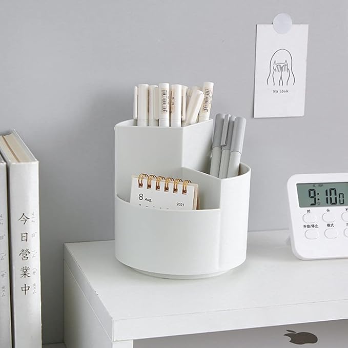 Rotating Pen Holder 3 Compartments, School Supplies Organizer for Pen, Colored Pencil, Art Brushes, Desktop Storage Box in Classroom & Art Studio, Gift for Teachers, Classmates, and Friends ,Grey