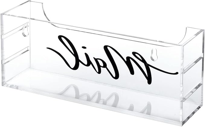 MyGift Premium Clear Acrylic Mail Holder with Decorative Black Cursive Mail Label, Modern Wall Mounted or Tabletop Mailbox, Letter Storage Organizer Box