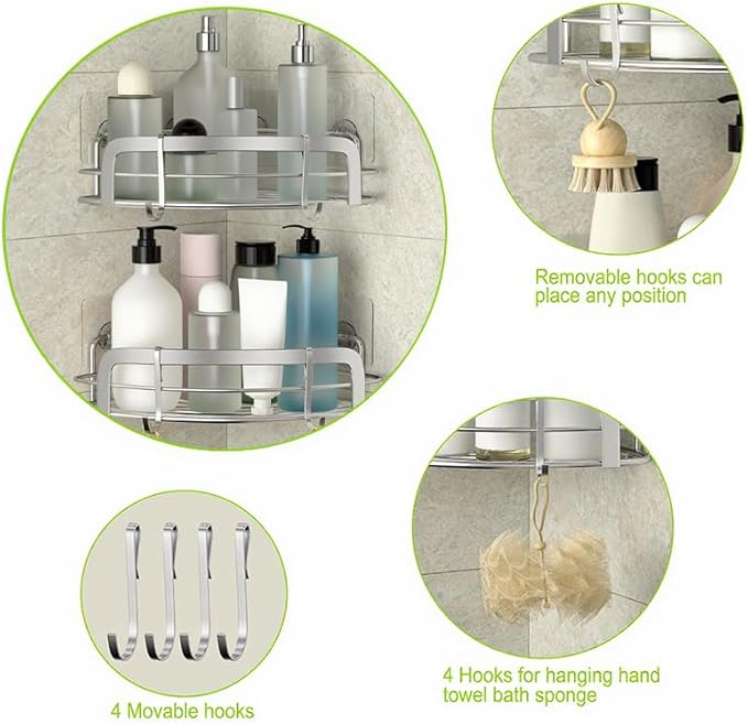STEUGO 2 Pack Shower Caddy Corner, Bathroom Corner Shower Shelves, Adhesive Wall Mounted Shower Caddy with 4 Movable Hooks, No Drilling Shower Shelf, Stainless Steel Silver.
