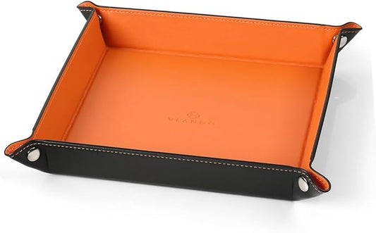 Vlando Valet Tray for Men Women, Nightstand Organizer Vanity Catchall Holder for Dresser Desk Storage Bedside, Travel PU Leather Jewelry Key Bowl Coin Watches and Candy Entryway Tray - Small Size