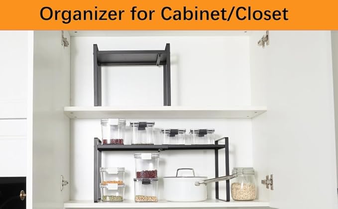LJHFUQHUHU 2 Pack Expandable Cabinet Shelf Organizer Riser for Kitchen Pantry Cupboard Under Sink Countertop (2 Pack 8.2’’D * 12.2-21.6’’W * 10.4’’H) (Black)