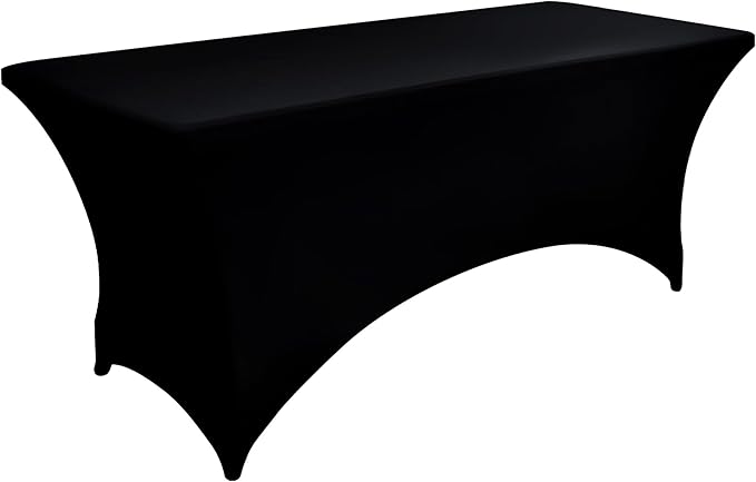 ZarzaaSik 6-Pack 4ft Spandex Black Table Covers for Rectangular Folding Tables - Wrinkle Resistant Stretch Tight Table Cloths - Ultimate Fitted Table Protector for Parties, Trade Shows, and Wedding